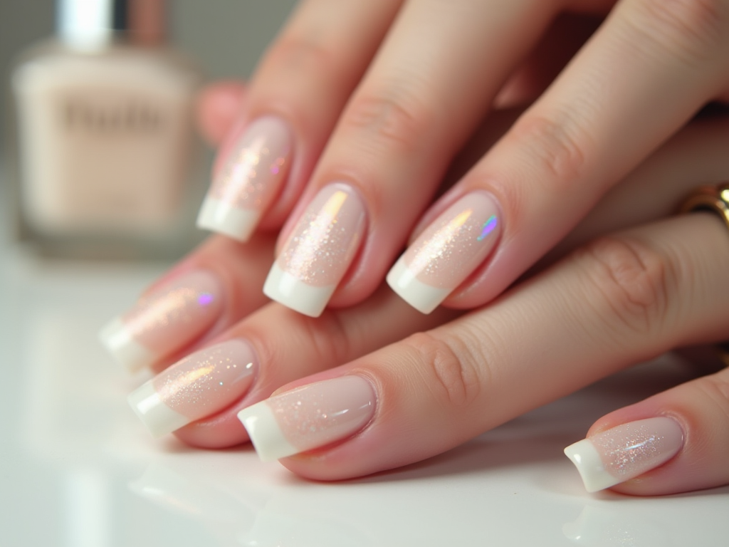 Elegant French manicure with glitter on a woman's hands, showcasing long, white-tipped nails.