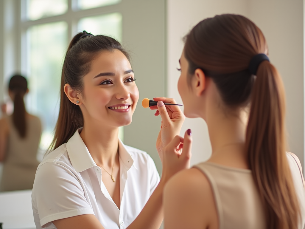 Two women smiling; one applying makeup on the other in a bright room.